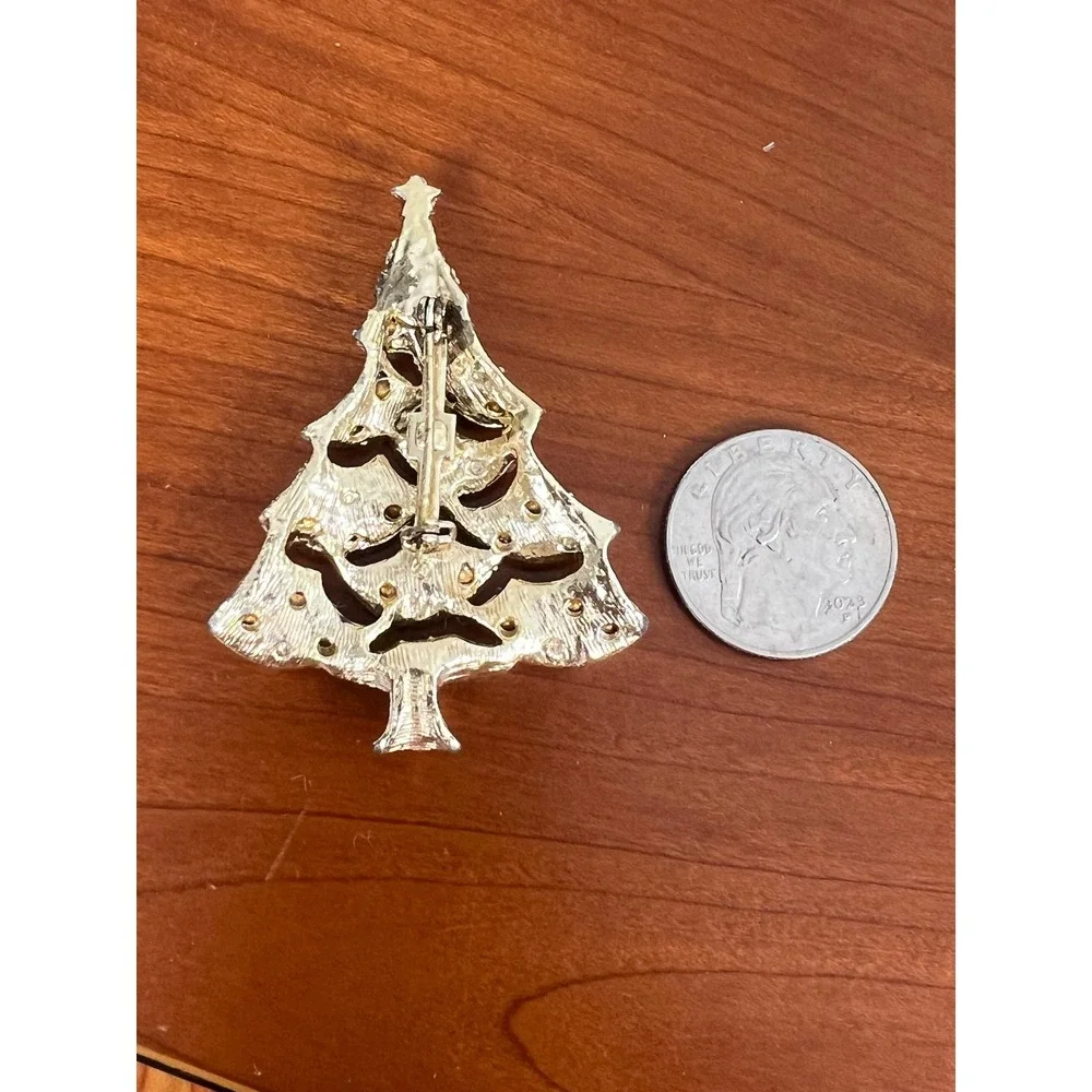 Vintage Christmas Tree Brooch Gold Tone Multicolor Rhinestone Holiday Pin 2 Inch